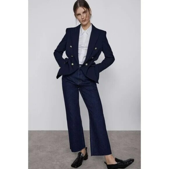 Zara Cropped 90s Jeans 2 High Rise Waist Raw Frayed Hem Dark Wash Blue Denim NEW - Picture 1 of 12